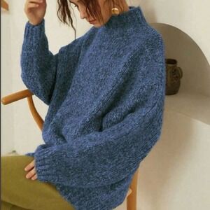 NWT Knit Mix Womens Sweater Large Blue Chunky Textured Minimalist Cozy Core